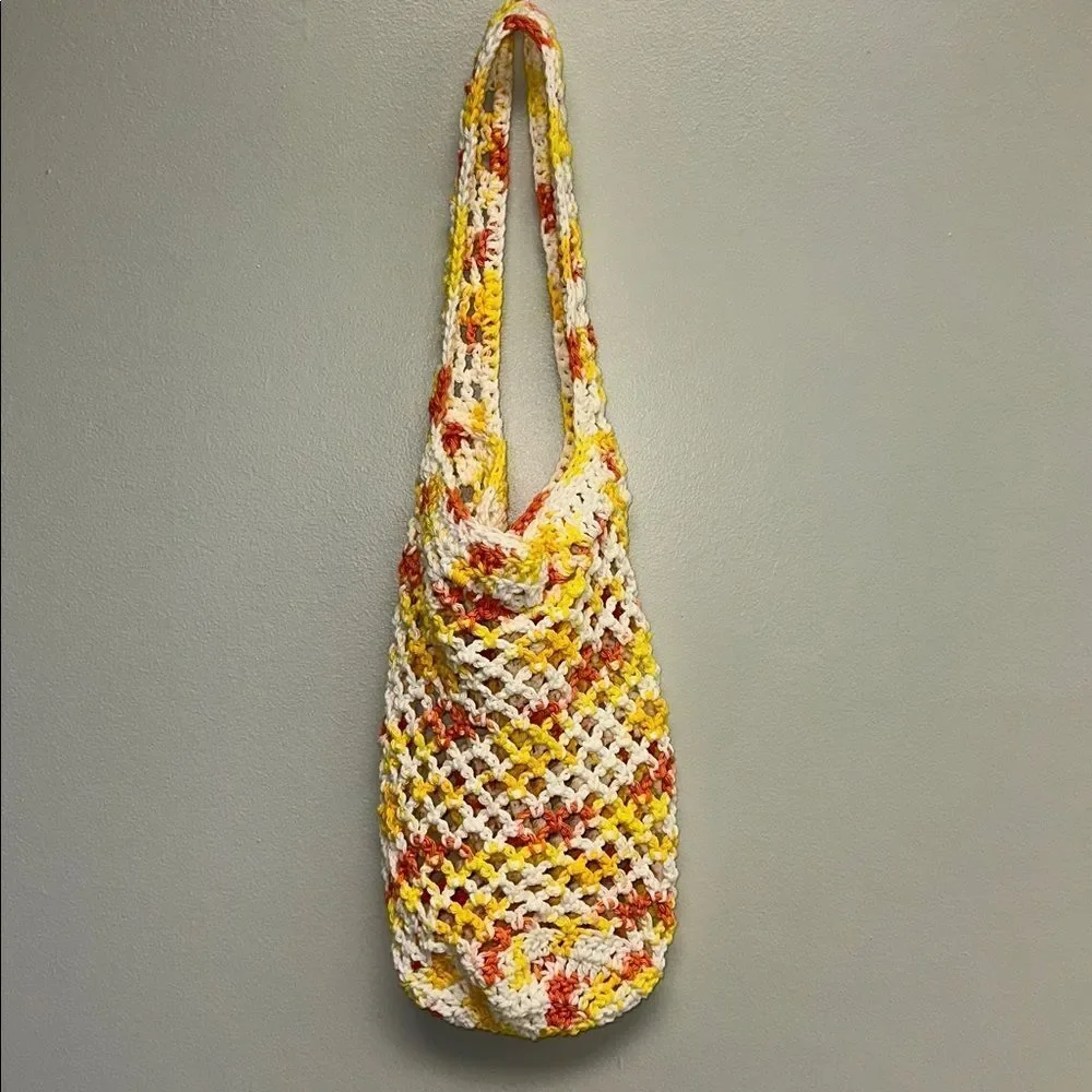 Handmade Crochet White Orange Yellow CandyCorn Colored Small Fishnet Market Tote
